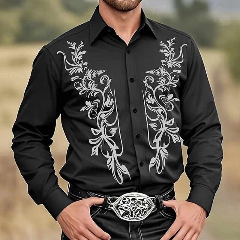 Nueva camisa de estilo étnico con estampado de arte floral para hombre, camisa de vaquero occidental, camisa de manga larga con cuello de playa de estilo clásico, envío rápido