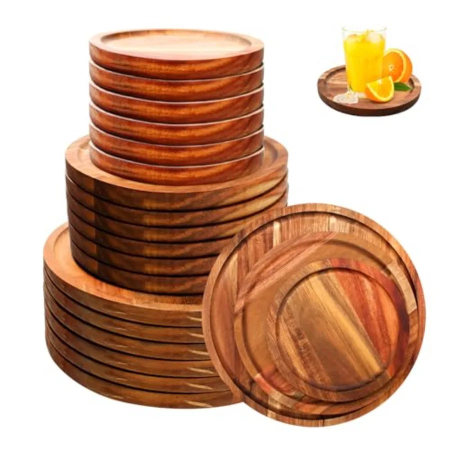 

18 Pcs Round Acacia Wood Dinner Plates Set 6 8 10 Inch Natural Classic Food Trays Lightweight Wooden Charger Plates for Serving