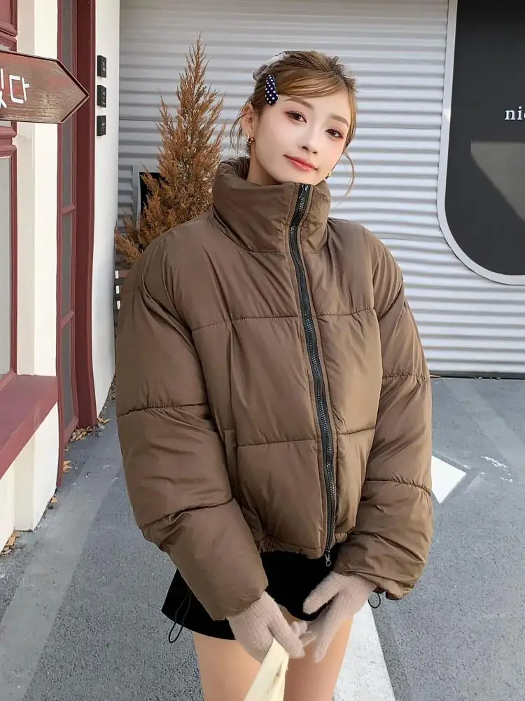 

Корейская модная женская черная куртка на молнии с воротником-стойкой, 2024, зимняя коричневая утолщенная теплая пуховая хлопковая куртка, простота, универсальная