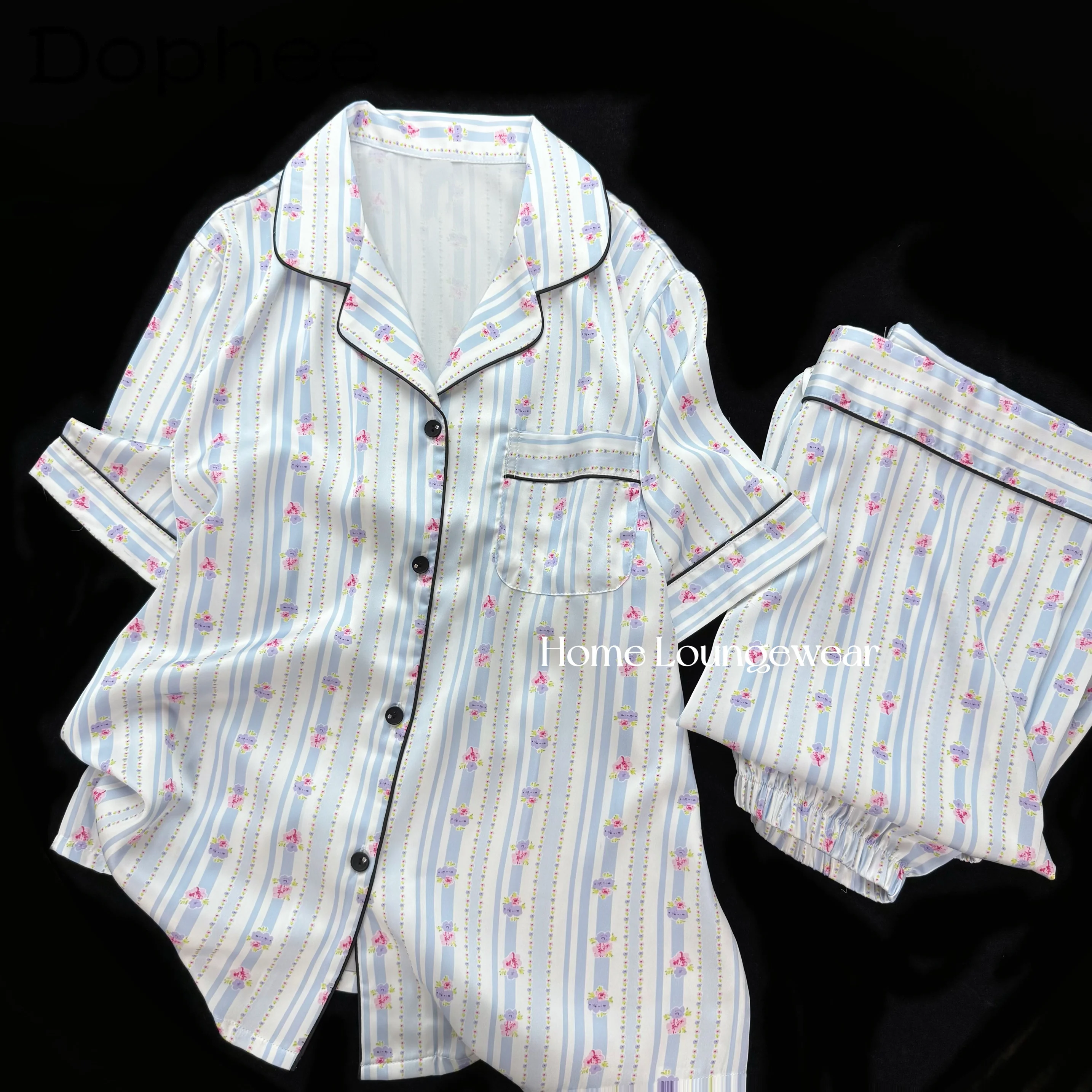 Japanese Ins Soft Sister Floral Short-sleeved Ice Silk Pajamas Women's Summer Thin 2025 New Cool and Breathable Loungewear