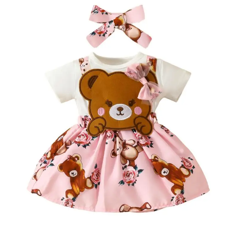 

Baby Girl Cute Cartoon Bear Short Sleeved Dress Bow Flower Fake Shoulder Strap Fluffy Skirt with Matching Strap for 0-2 Years