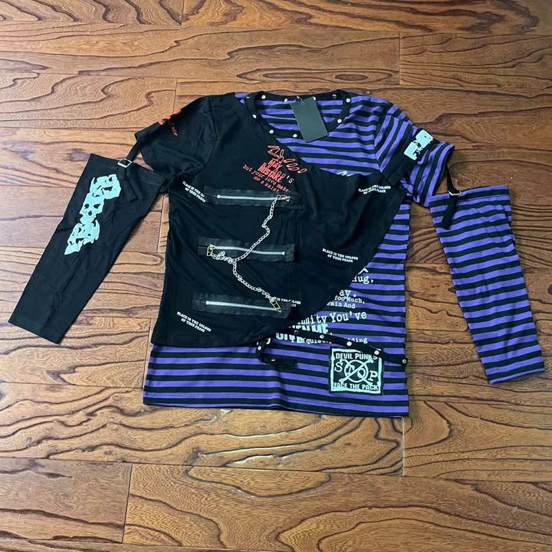 2025 giapponese y2k a maniche lunghe con catena di rivetti Top Kill Matt Rock Punk Abbigliamento da uomo T-shirt a righe con teschio Rivetti visivi