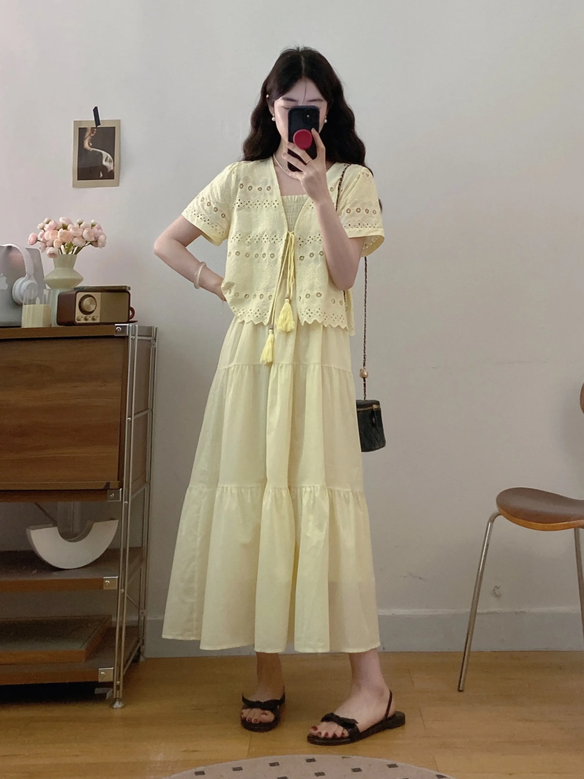 

plus Size Women's Sweet Style V-Neck Short Sleeve Knitwear Top with A-Line Halter Dress Summer Casual Fashion Two-Piece Set