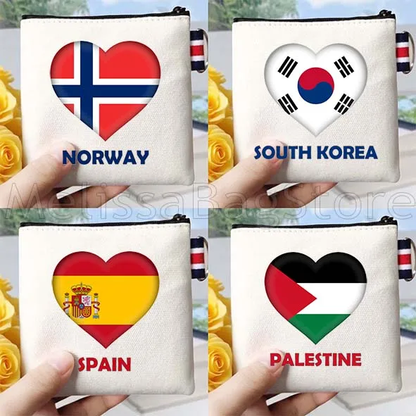 Maldives Norway Iceland South Korea Spain Sweden Heart Flag Canvas Coin Purse Key Storage Lipstick Travel Bag Cute Wallet Pouch