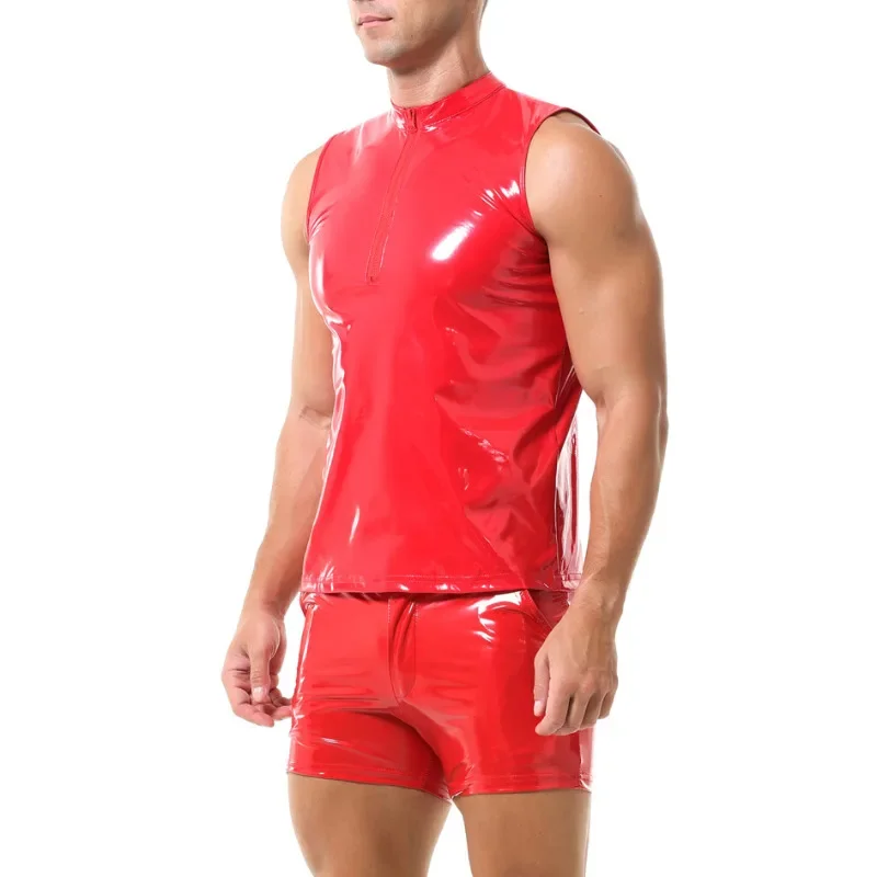 Set da uomo in pelle PVC moda brillante lucido canotta slim fit t-shirt senza maniche canotta in lattice club party pantaloncini boxer da uomo