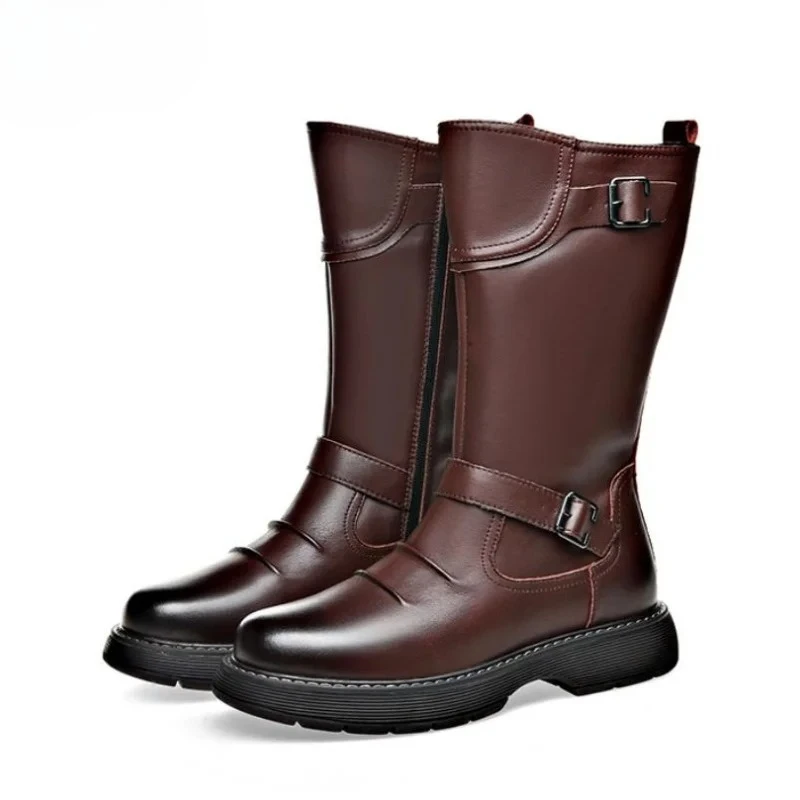 Retro Side Zipper Long Boot Medieval Leather Boots Stage Performance Film And TV Boot High Top Rubber Outsole round Toe Boot