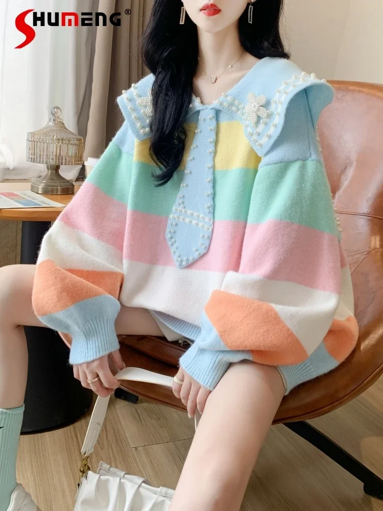 Large Size Student Stripes Mid-Length Knitted Bottoming Shirt Women\'s Autumn Loose Fairy Doll Collar Long Sleeve Sweater Ladies