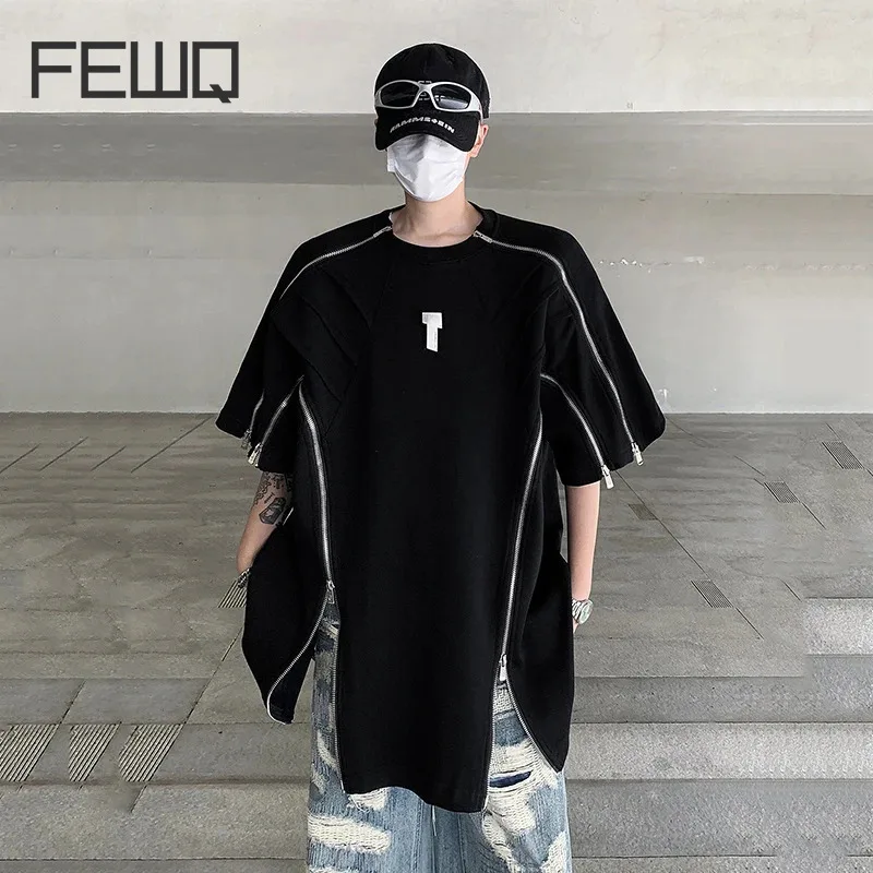 

FEWQ New Men's Design Zipper Shoulder Pad Deconstructed Short Sleeved T-shirt 2024 Round Neck Darkwear Male Tops 24X9153