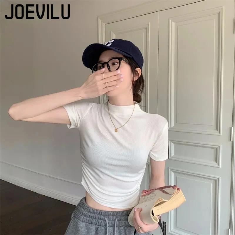 JOEVILU mezzo dolcevita Top a vita alta t-shirt pieghettata Babes coreano Slim Fit Crop Top donna grigio Y2k Tee estetica Undershirt