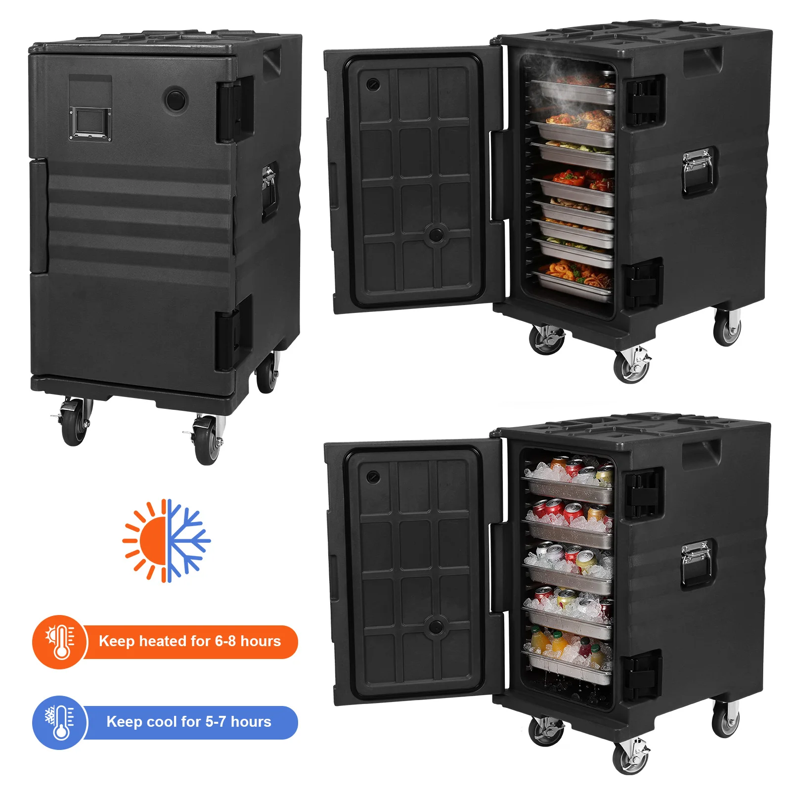 118QT Front Loading Insulated Food Pan Carrier Stackable Catering Dishbox with Wheels W/Handles for Restaurant Canteen