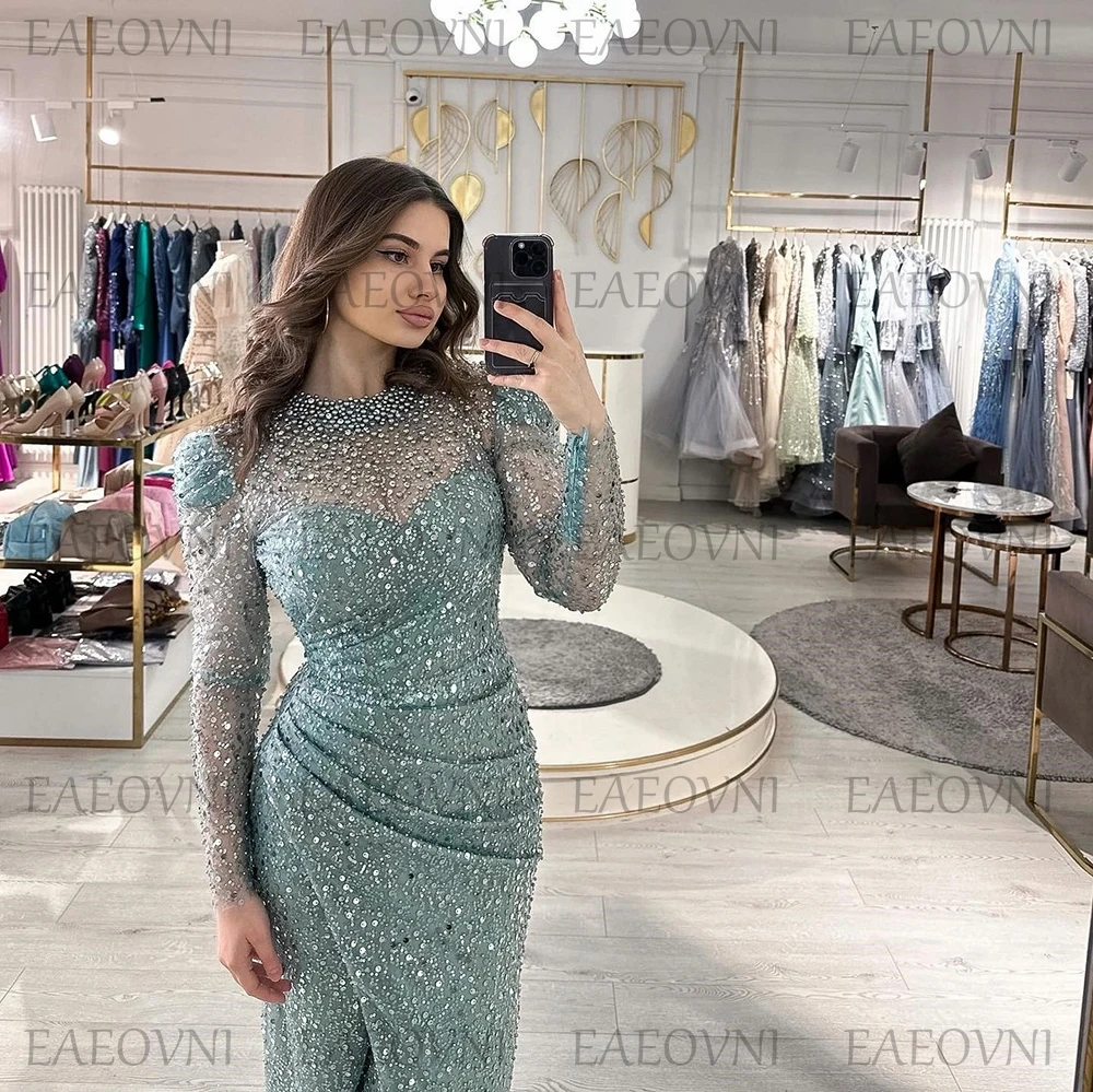 Customized Sparkly Stylish Long Sleeve Beads Sequins Prom Dresses High Illusion Evening Gown Pleat Banquet Dress платья на торже