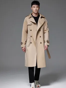 Men's 6XL Belted British-Style Trench Coat 2 British Style Mens Belt Long Trench Coat Loose Fit Double Breasted Windbreaker Autumn Waterproof Outerwear Overcoat Big Size 6XL 2