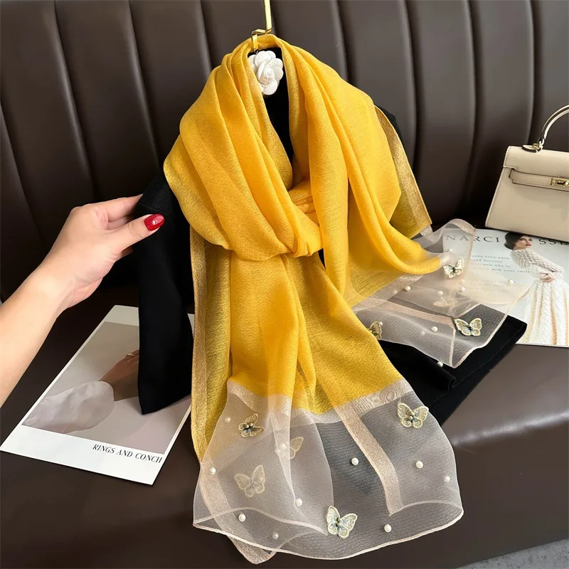 Luxury Autumn and Winter New Imitation Silk Thin Silk Scarf Female Butterfly Embroidery Nail Beads Fashion Scarf Warm Cold Shawl