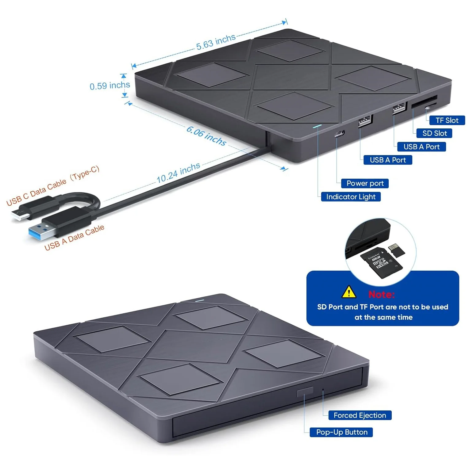 Portable 5 in 1 External CD DVD Drive USB Ports TF SD Card Slots CD DVD Burner Player For Laptop Desktop PC