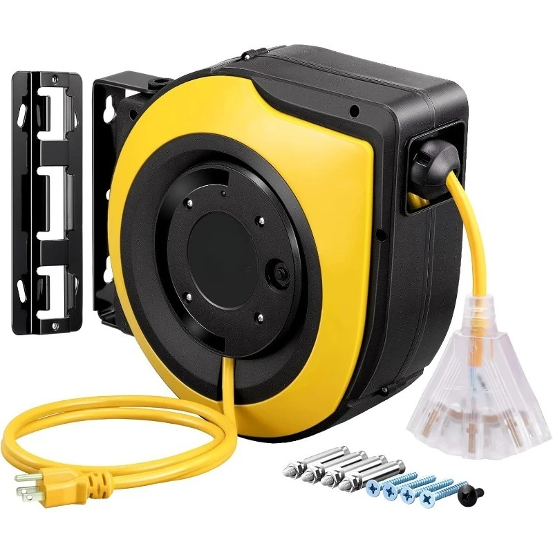 

Выдвижная катушка для шнура, сверхмощный удлинитель длиной 60 футов, 12AWG/3C SJTOW, тройной кран с заземленными розетками и подсветкой, циферблат 15 А