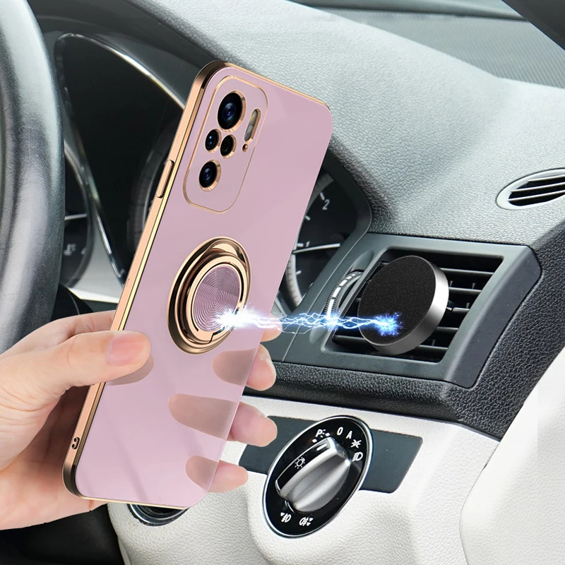 Plating Magnetic Case For Xiaomi Redmi Note 10 Pro Max 10S 10Pro Note10 POCO F3 Soft Silicone Shell Cover With Ring Holder Stand