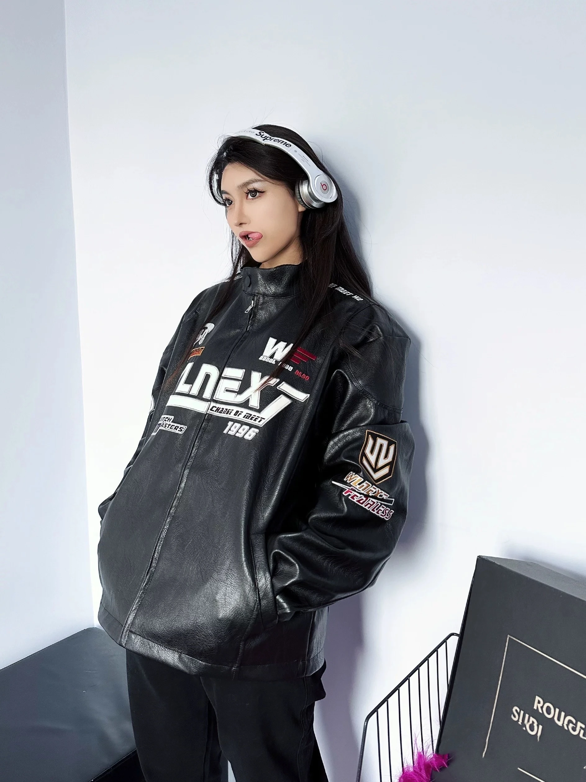 

American Sle Motorcycle Jaet Leather Coat Men's Women's Spring Autumn New Faion Loose Couple Cool Bike Clothes Stand Co...