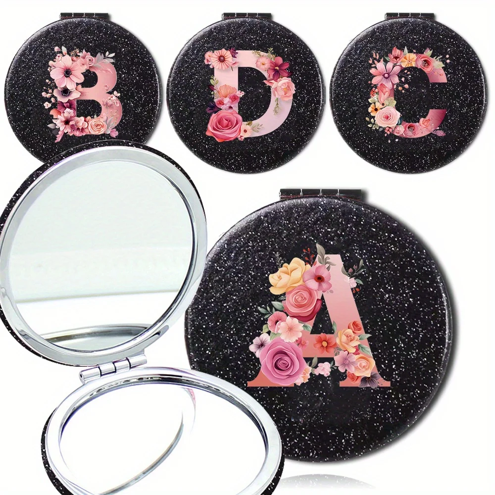 

Durable PU Surface Mirrors Glitter Cosmetic Mirror Portable Ladies' Pocket Makeup Mirror Ideal Party Gift Pink Rose Pattern