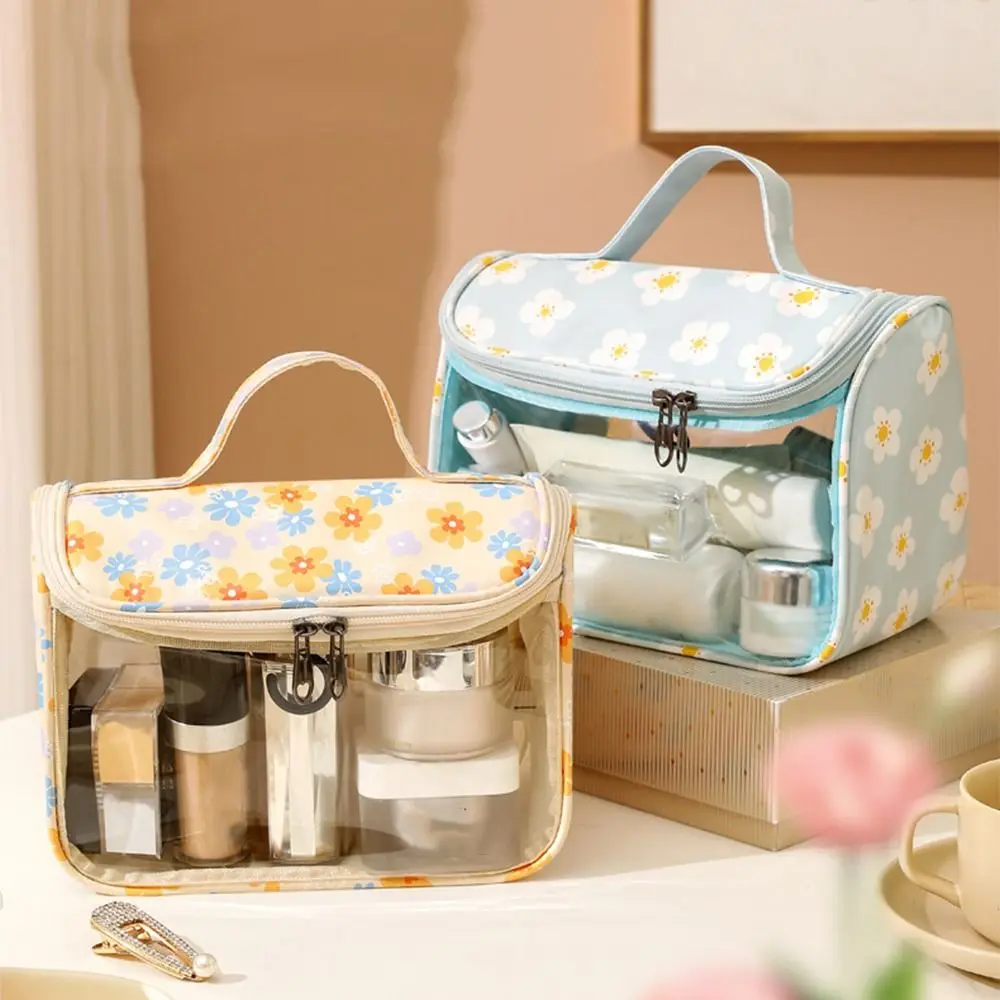 

Портативная женская косметичка с ручкой и цветочным принтом, дорожная косметичка, прозрачный полиэстер
