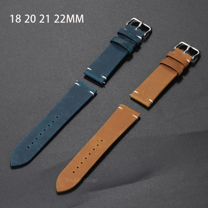 Handmade Stitching Leather Watch Band 18mm 19mm 20mm 21mm 22mm Crazy Horse Vintage Leather Strap for Omega for Seiko Wristband