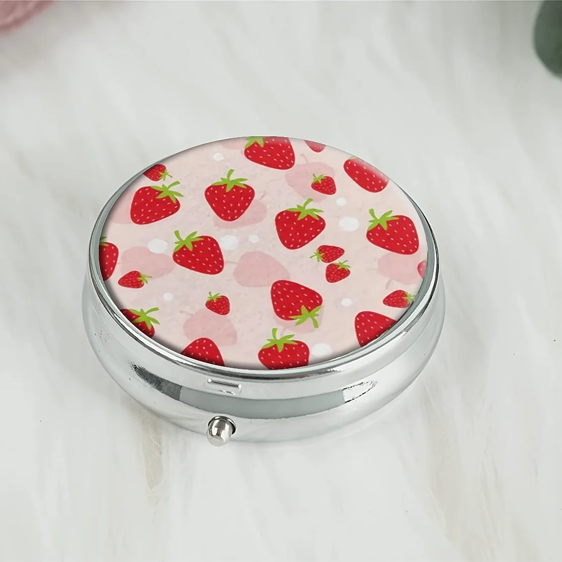 Pink Strawberry Round Pill Box,Household Portable Medicine Storage Box,3-grid Sub-packaging Medicine Box,For Outdoor Travel