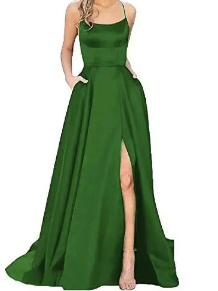 

Solid Color Bridesmaid Dress Women Sexy Spaghetti Strap Backless Long Dresses Elegant Split Prom Party Wedding Evening Dresses