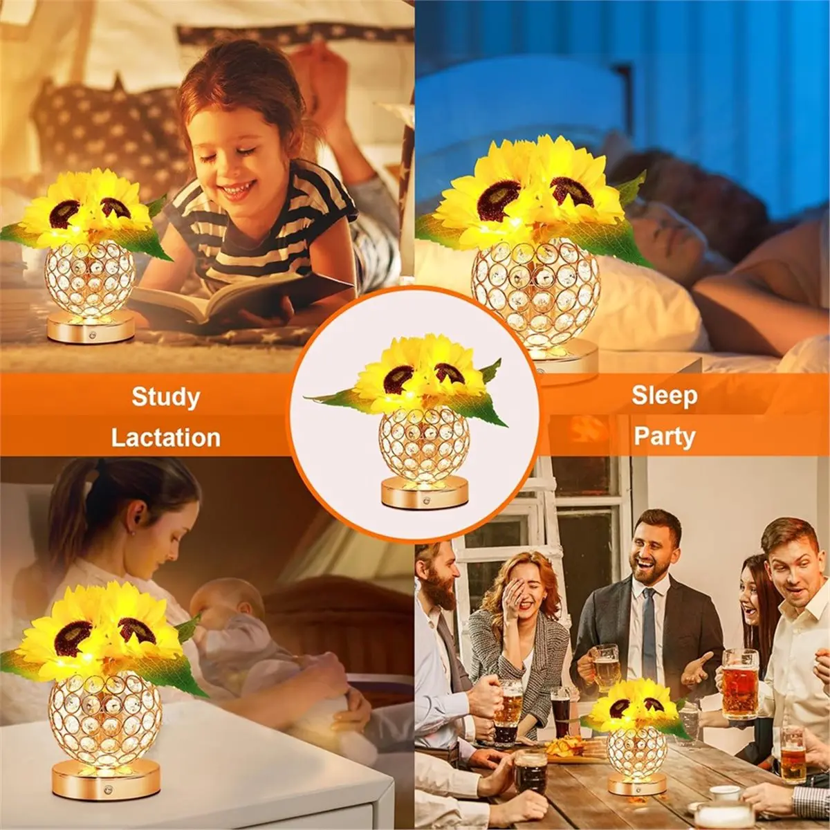 PHONE&GEAR Sunflower Gifts for Women,Sunflower Flower Home Decor Touch Table Lamp,3-Colour Dimming Rechargeable Cordless Small