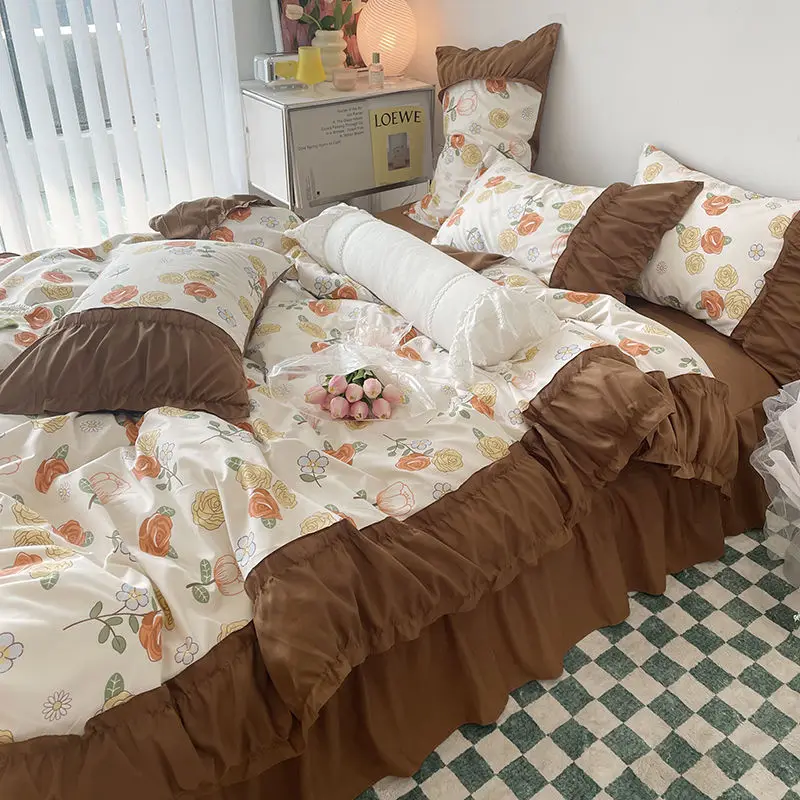 

Princess Style Pleated Lace Autumn and Winter Caramel Color Four-piece Bedding Set Quilt Cover Bed Sheet Bed Skirt Bed Sheet