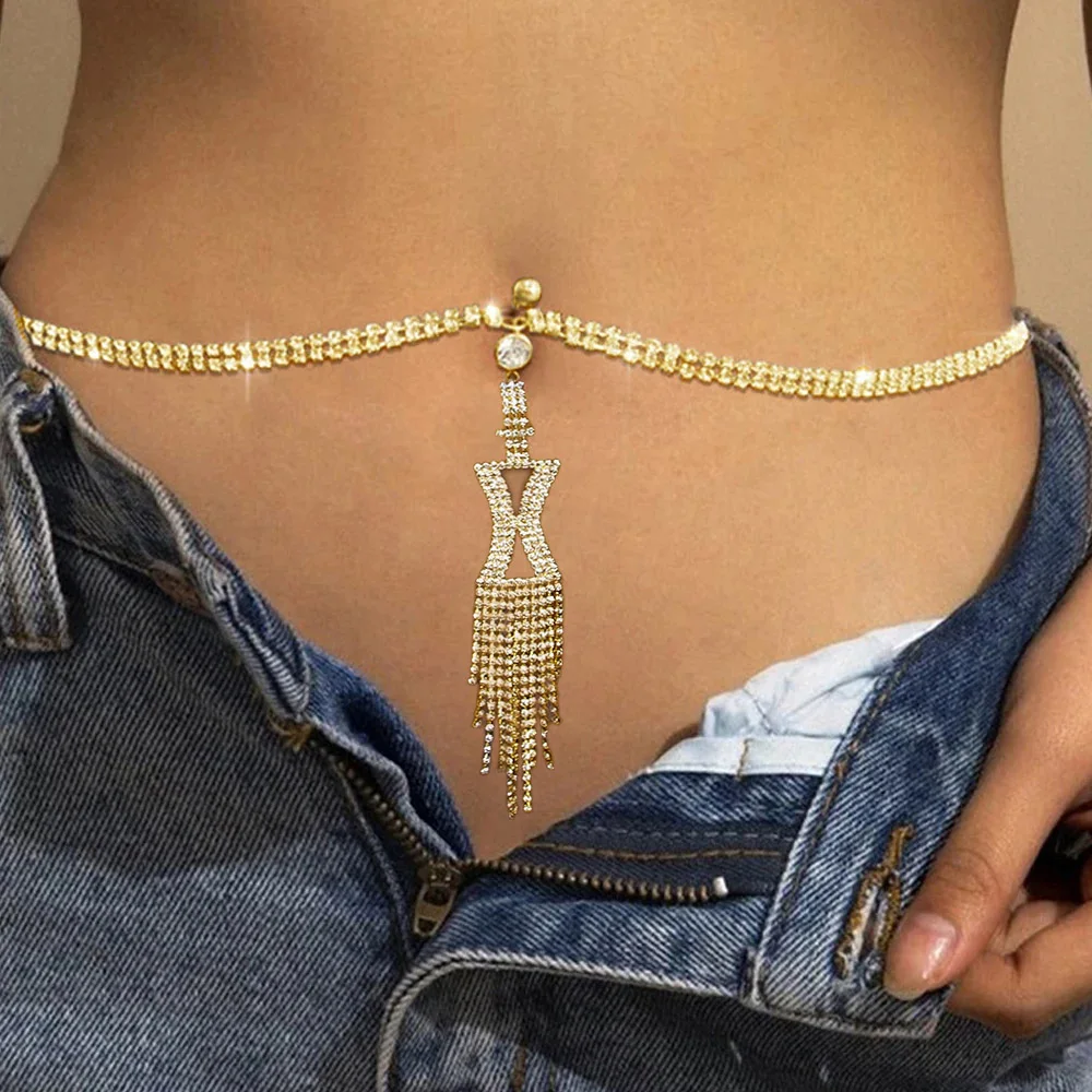 Rhinestones Geometric Lettering Tassel Waist Chain Women Piercing Navel Chain Sexy Belly Button Ring Navel Piercing Body Jewelry