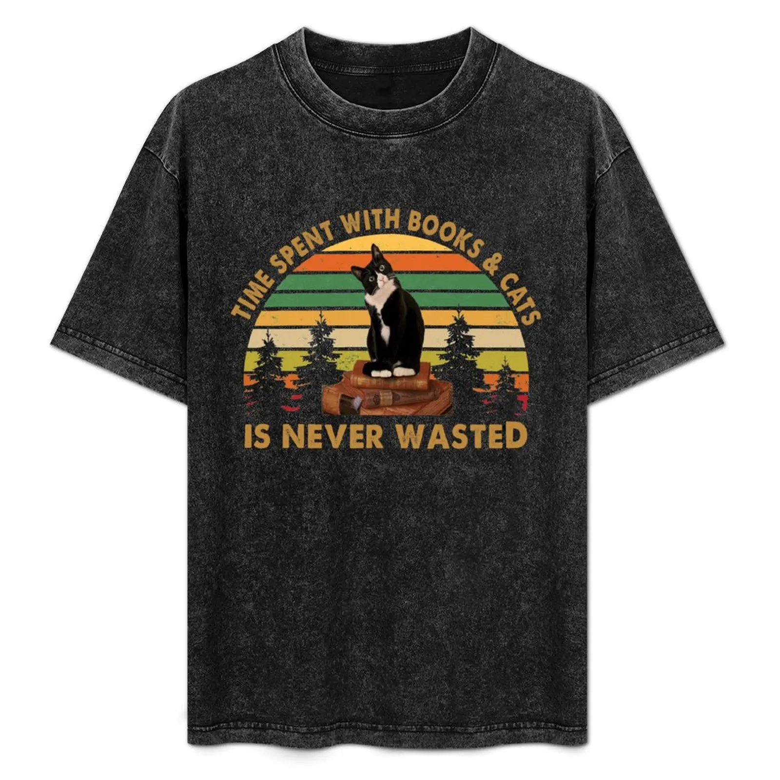 

Time spent with books and cats is never wasted T-Shirt All Match Basic Short Sleeve Top