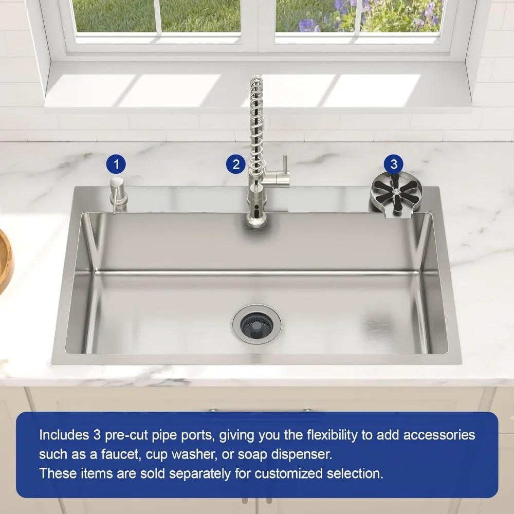 حوض مطبخ كبير Topmount 33x19، شديد التحمل 16 مقياس 304 من الفولاذ المقاوم للصدأ، 3 فتحات أنابيب، تصميم منسدل