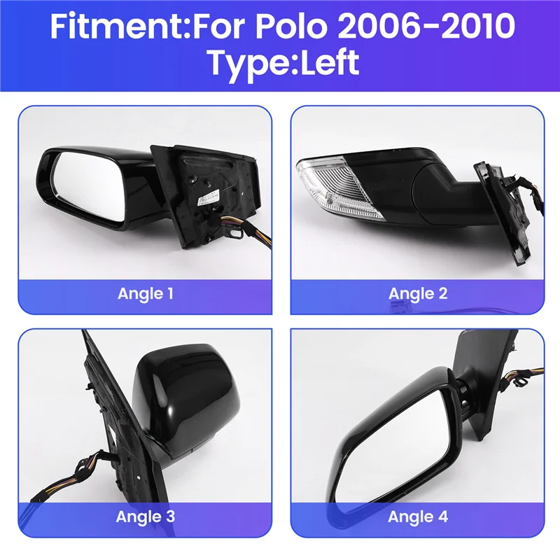 

WO-Car Rearview Mirror Assembly Exterior Door Side Wing Mirror With Turn Signal Lights For VW Polo 2006-2010 Left
