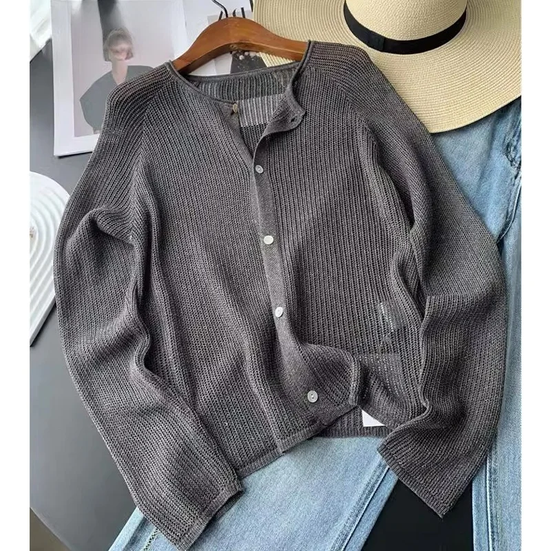 Women's Knitted Ice Silk Long Sve round Ne Open Cardigan  Color Versatile Slimming Outerwear Commute Sle Korean V...