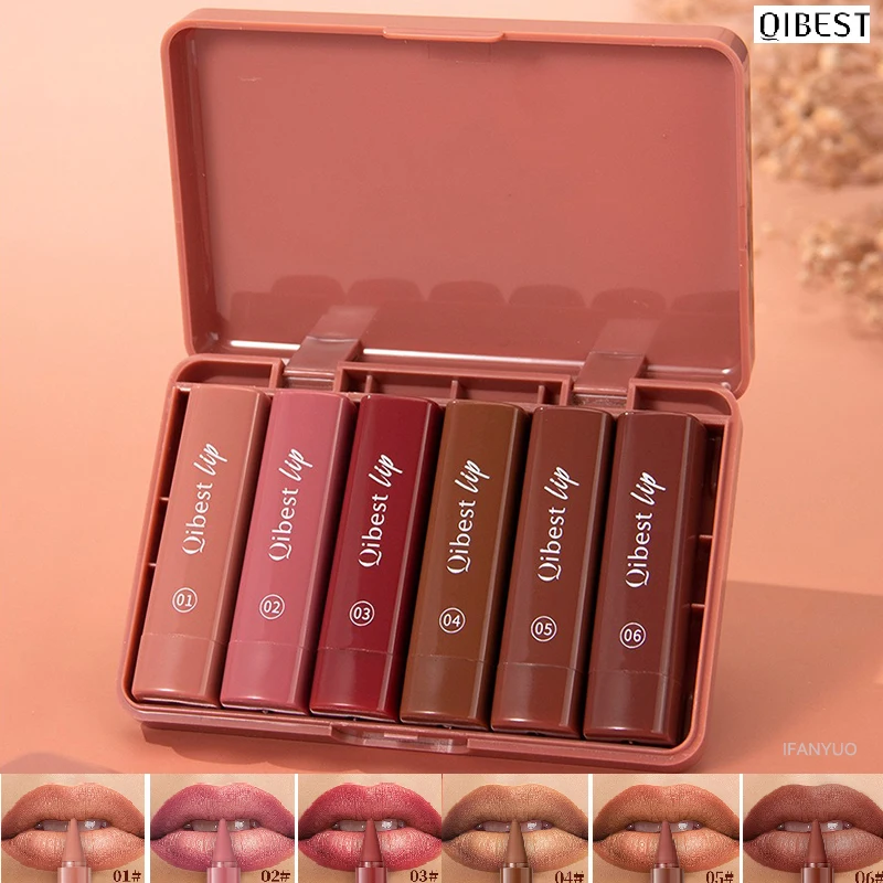QIBEST 6PCS Lasting Matte Lipstick Pencil Set Twist-Up Velvet Matte Lip Stick Pen Smooth Pink Red Lipliner Lips Crayon Makeup