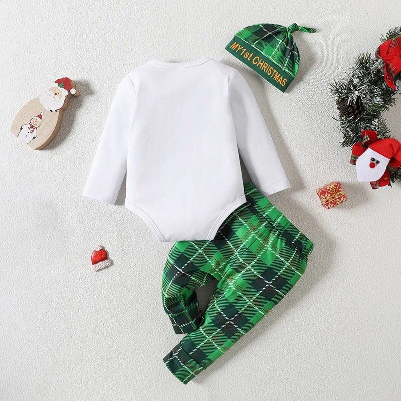 3Pcs Baby Boy Christmas Cartoon Elk Print Long Sleeve Unique Square Print Pants Hat 0-12M Autumn Cotton Outfits