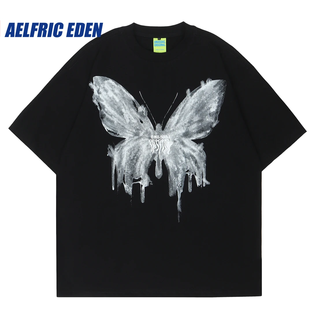 Aelfric Eden Unisex Butterfly Print Tee Streetwear Harajuku Kanji Letter Print Tshirt Summer Short Sleeve Cotton Loose Tops Tees