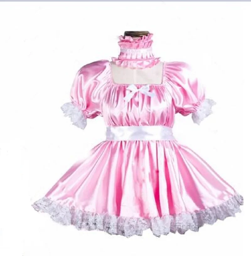 

French Sissy Girls' Satin Neck Bubble Sleeves Lace Ruffle Edge Dress Lockable Crossdresser Party Uniform Role Playing Costume