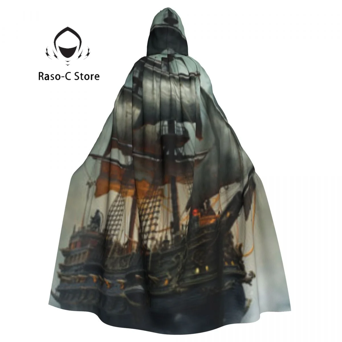 Sailing Ship Illustration Hooded Cloak Polyester Unisex Witch Cape Costume Accessory