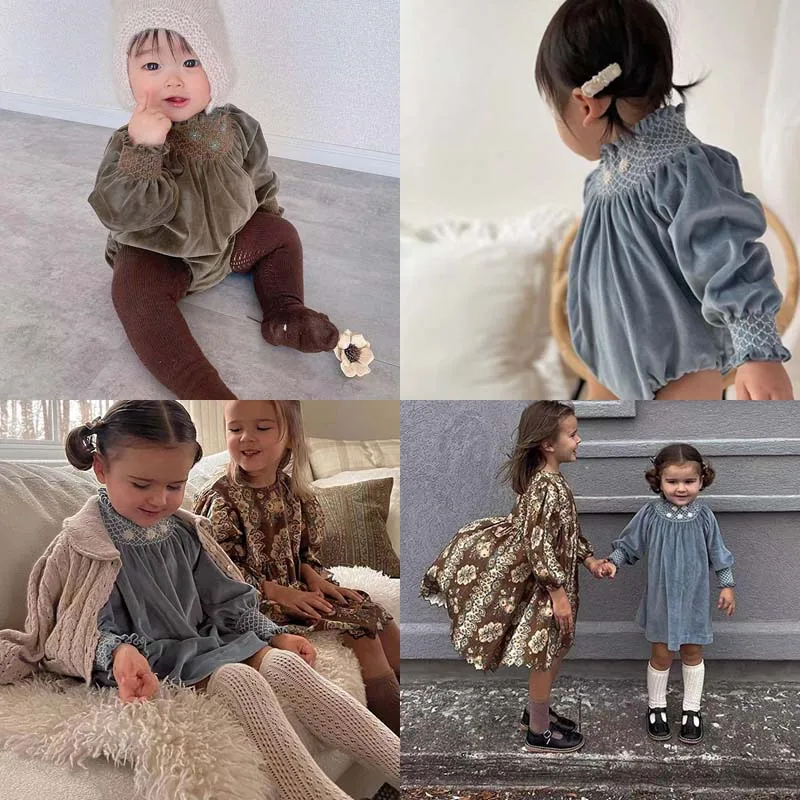 In Stock 2025 Autumn and Winter BEO Girls Clothing Velvet Cotton Heavy Embroidery Dress Baby Crawler Pants Baby Boys Romper