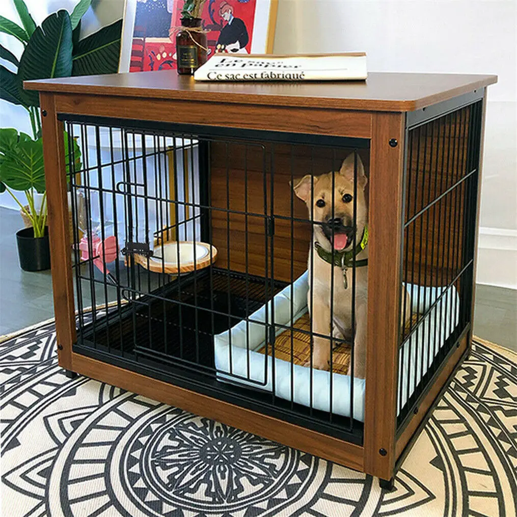 25 32 39 in Dog Crate End Table Furniture Wooden and Metal Pet Cage Kennels House Double Doors & Removable Tray