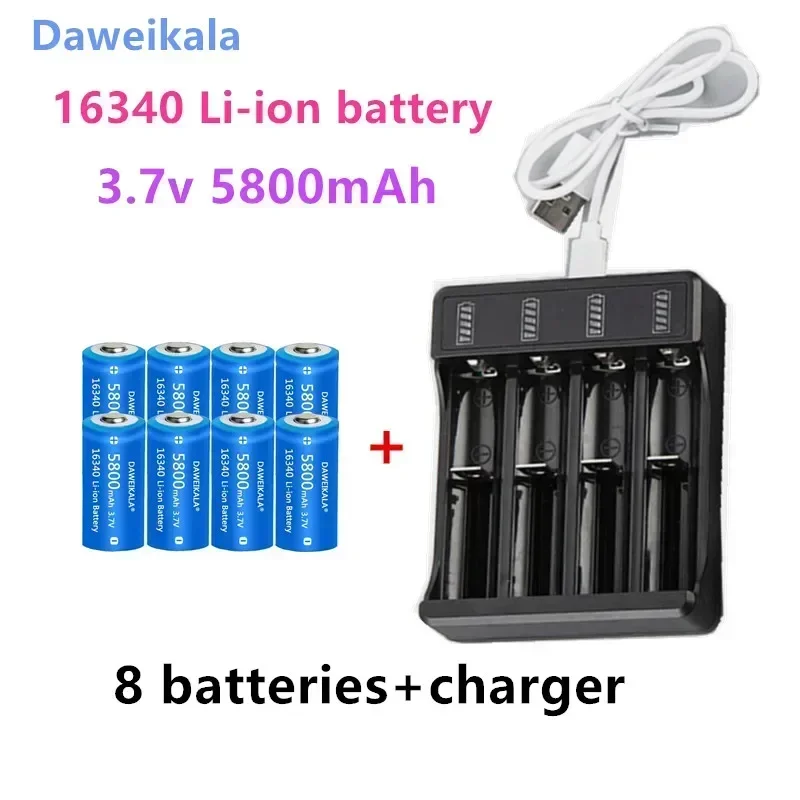 Daweikala CR123A LED Flashlight Travel Wall Charger 16340 CR123A Battery 3.7V 16340 Rechargeable Battery 5800mAh Lithium Ion Bat