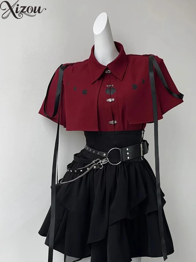 

Fashion Short Sleeve Shirt Thin Skirt Set Punk Style Goth Summer Matching Sets Casual Two Piece Sets Women 2025 New