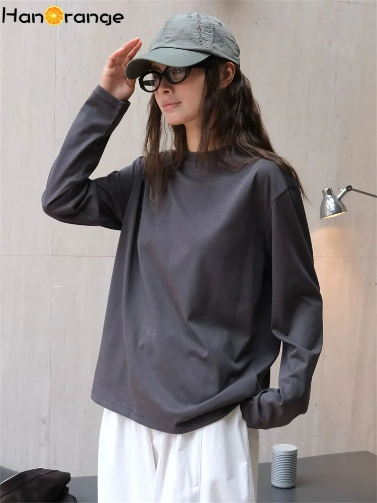 HanOrange 2024 Autumn Simple Fashion Silhouette Long Sleeve T-shirt Women O-neck Loose Casual Top Tees White/Dark Gray/Blue