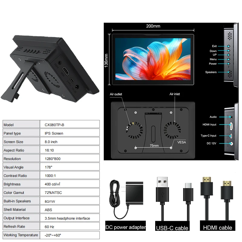 8 inch draagbare monitor IPS 1280x800 extern tweede scherm display touchscreen monitor USB HDMI voor Raspberry Pi 5 4 3 laptop telefoon