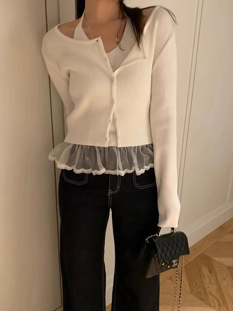 Colete de Tricô com Renda Sweet Spring, Conjunto F de Duas Peças io e Confortável com Gola ter, Estilo Primavera...