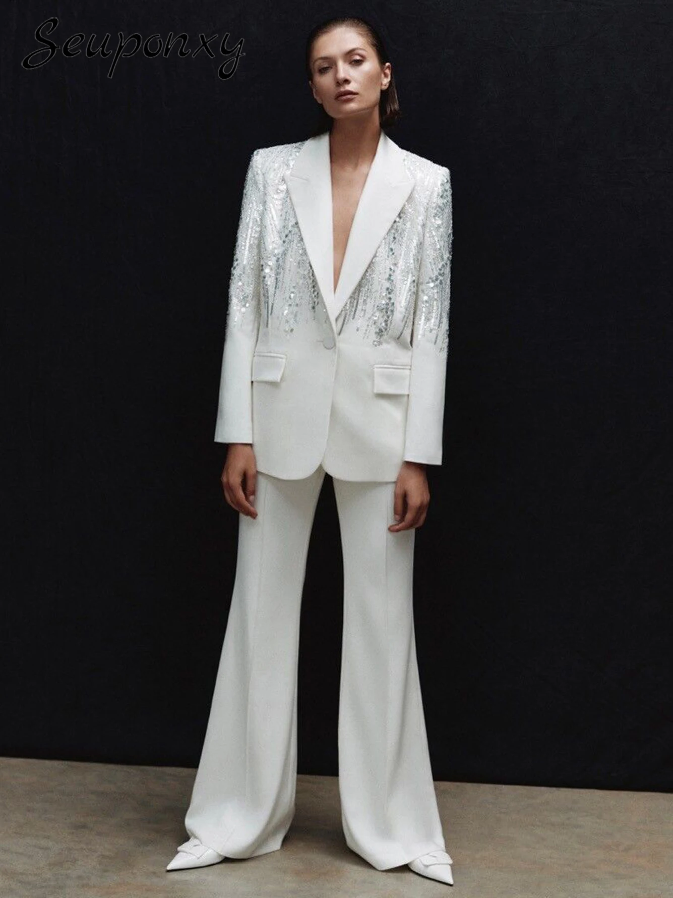 

High Quality 2024 New Women'S Fashion White Street Set Sexy V-Neck Long Sleeved Sequin Blazer+Flared Pants Party Two-Piece Set