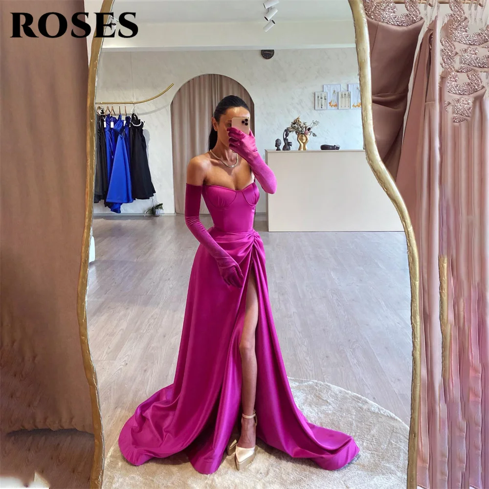 Gaun malam Split sisi mawar gaun Prom menawan noda Sweetheart Fuchsia gaun pesta ukuran kustom A Line vestidos de noche