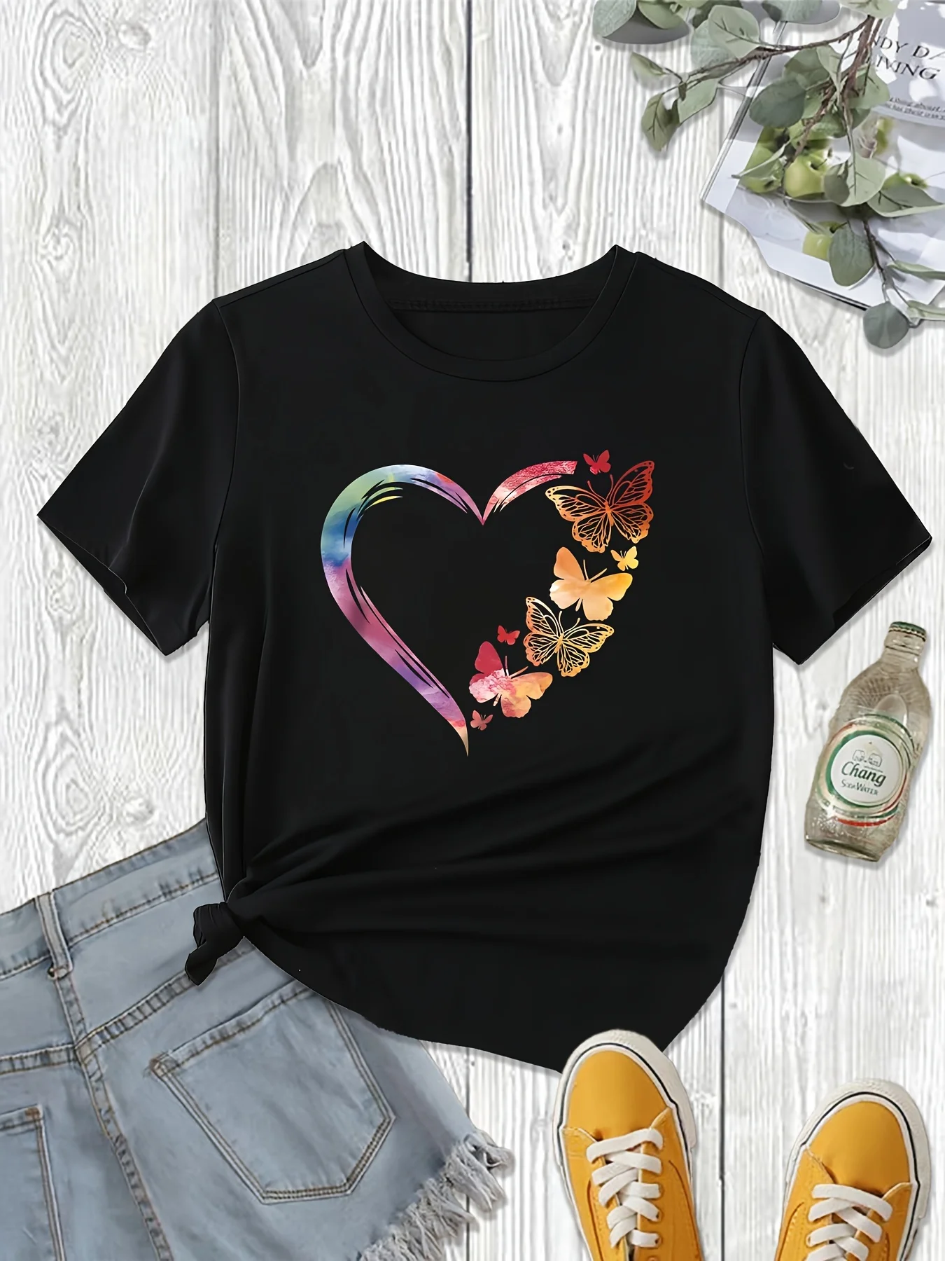 블랙 라운드넥 컬러풀 하트 나비 패턴 스트레치 기계세탁 사계절 편안한 탑 다용도 프린트 셔츠