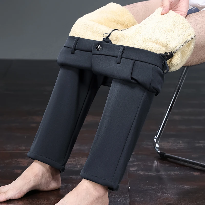 Herren Einfarbige Gerade Lange Winter-Anzughose Vollständig Lammfell-Futter Knitterfrei Thermisch Superwarm Kalte Jahreszeit Büro Formelle Hose – Detail 27