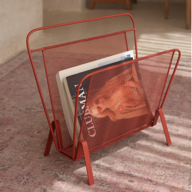 Retro Minimalist Magazine Racks, Red Designer Style Newspaper Stand, Metal Mesh Book Storage, Versatile Practical Home Display